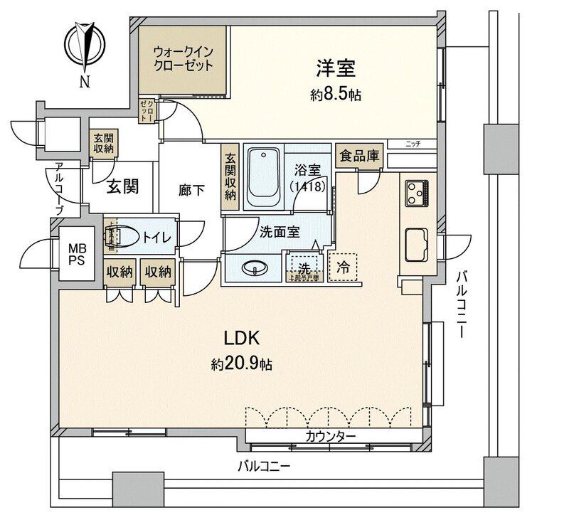 ビオール大阪大手前タワー(1LDK/18階)の間取り写真