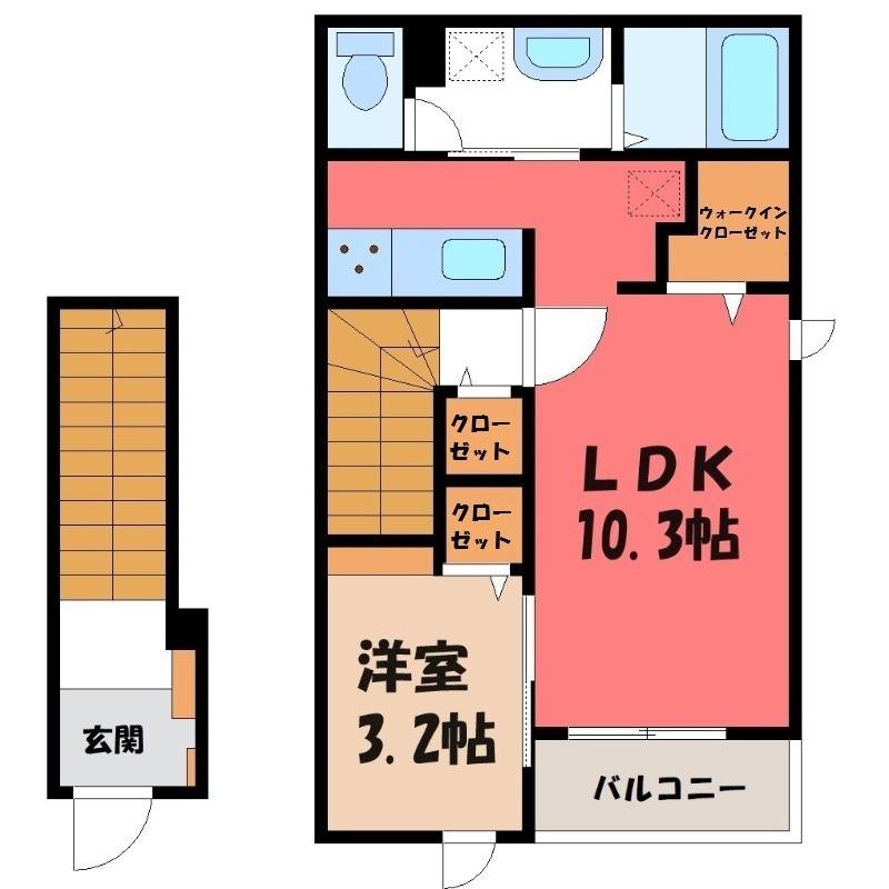 東武小泉線 西小泉駅 徒歩34分 2階建 築1年(1LDK/2階)の間取り写真