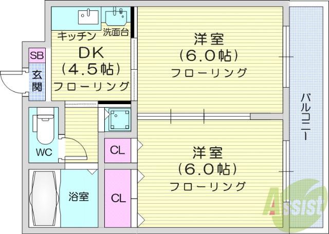 アルデール宮町(2DK/5階)の間取り写真