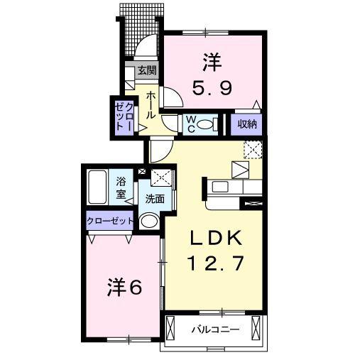 JR和歌山線 岩出駅 バス乗車時間:10分 最寄りバス停で下車 徒歩6分 2階建 築18年(2LDK/1階)の間取り写真
