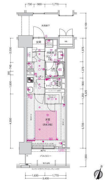 エスリード長堀タワー(1K/4階)の間取り写真