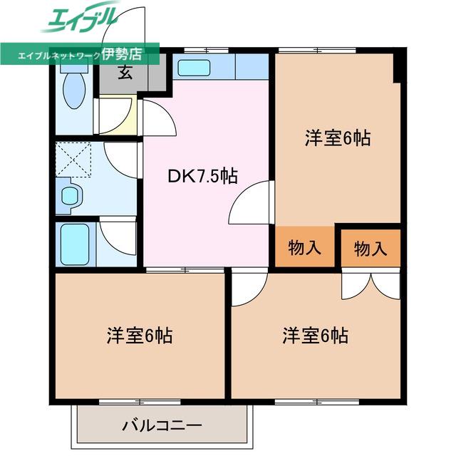 ウィンドコート明野(3DK/2階)の間取り写真