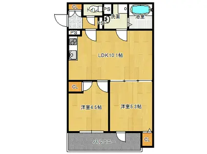 クリエオーレ南津の辺町(2LDK/2階)の間取り写真