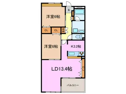 リジェールB棟(2LDK/3階)の間取り写真