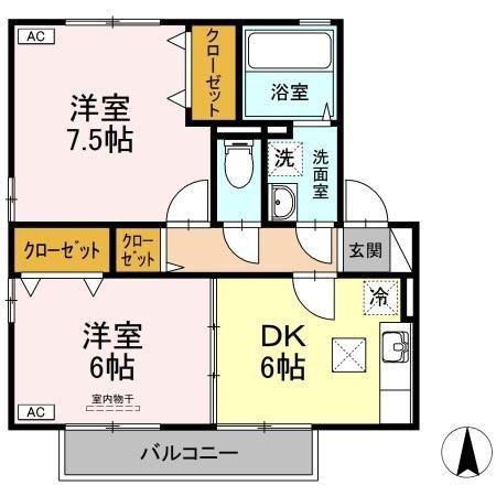 リビングタウン古川西D棟(2DK/1階)の間取り写真
