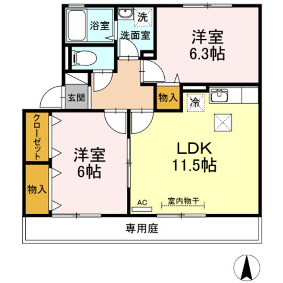 ヴィルヌーブマスダ B棟(2LDK/1階)の間取り写真