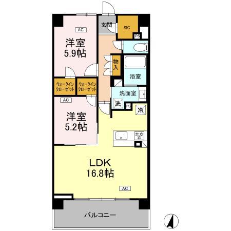 ロイヤルパークス仙台青葉通(2LDK/2階)の間取り写真