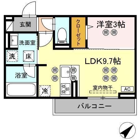 ディアライズ旭通 B棟(1LDK/3階)の間取り写真