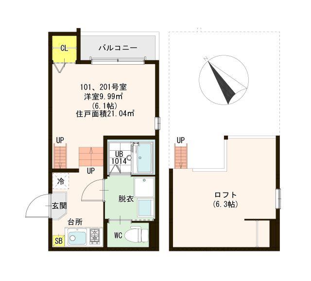 ハーモニーテラス大桐II(1K/2階)の間取り写真