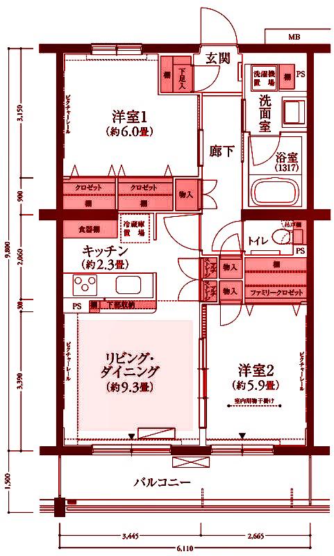 フロール梶が谷(2LDK/4階)の間取り写真