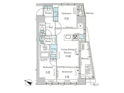 パークアクシス日本橋浜町レジデンス(3LDK/3階)の間取り写真