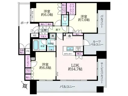 東急ドエル・アルス桜木町博物館通(3LDK/9階)の間取り写真