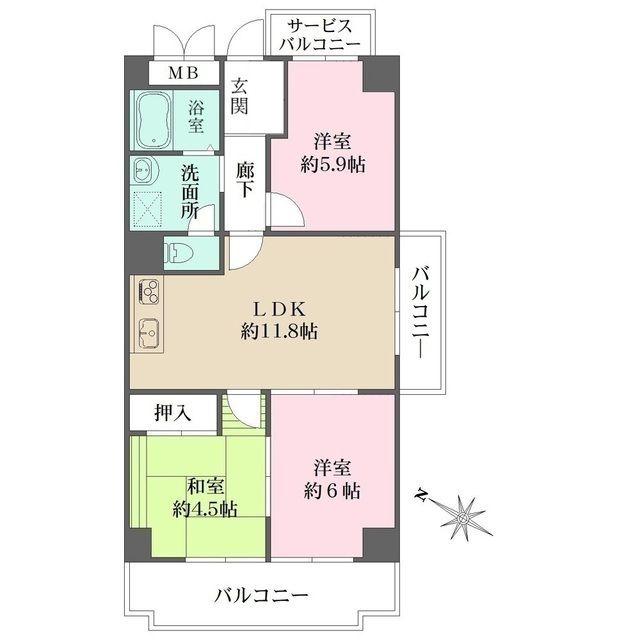 ベルダ鈴蘭台(3LDK/4階)の間取り写真