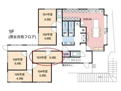 シェアハウスNAKAZONOSO(ワンルーム/1階)の間取り写真