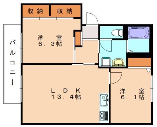 ディアス元岡 2番館(2LDK/1階)の間取り写真