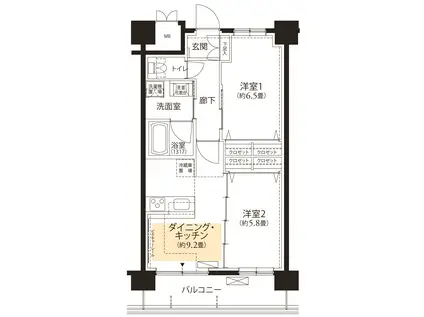フロール横浜三ツ沢 2番館(2DK/4階)の間取り写真