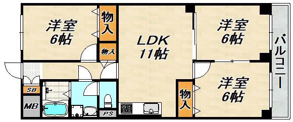南白川台ハイツ(3LDK/4階)の間取り写真