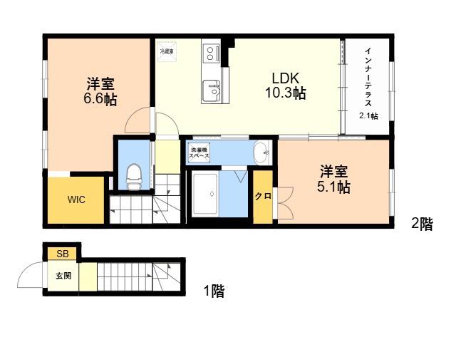 夜臼6丁目アパート(2LDK/2階)の間取り写真