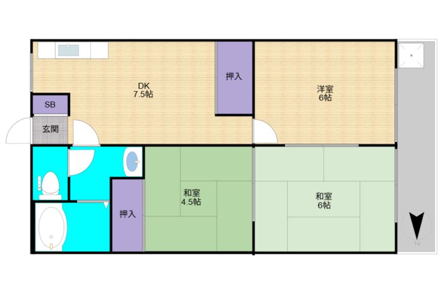 阪南グリーンハイツB棟(3DK/3階)の間取り写真