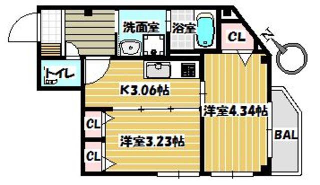 サンセール祖原(2K/2階)の間取り写真