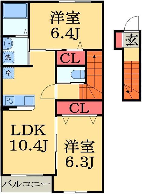 ユニヴァリィエスポアール(2LDK/2階)の間取り写真