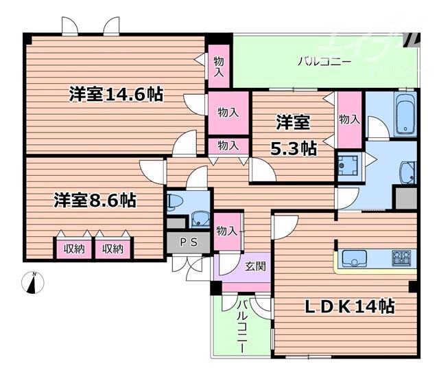 ES-GRANDE江坂公園(3LDK/13階)の間取り写真