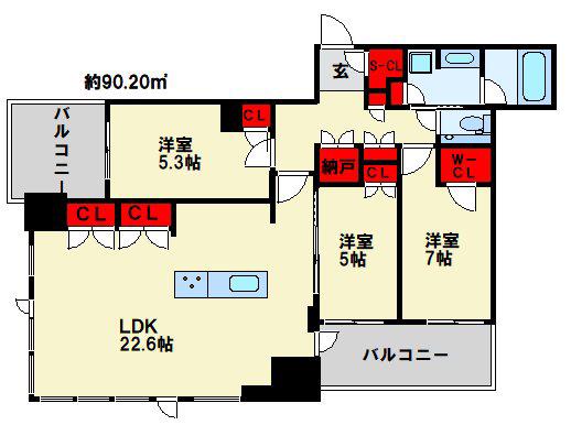 グランドメゾンガーデンシティ小倉(3LDK/15階)の間取り写真