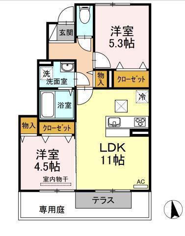 サンロード仏生山 B棟(2LDK/1階)の間取り写真
