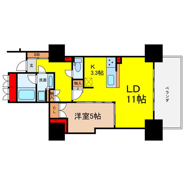 ローレルタワー堺筋本町(1LDK/6階)の間取り写真