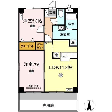 ウィルコート伏石C(2LDK/1階)の間取り写真