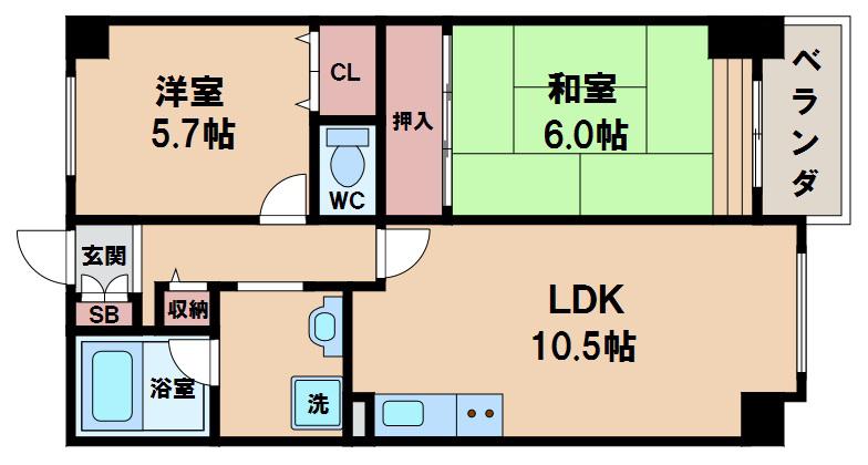 グランピア天王寺(2LDK/6階)の間取り写真