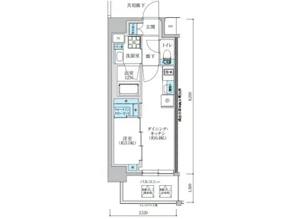 TENAS亀島(1DK/8階)の間取り写真