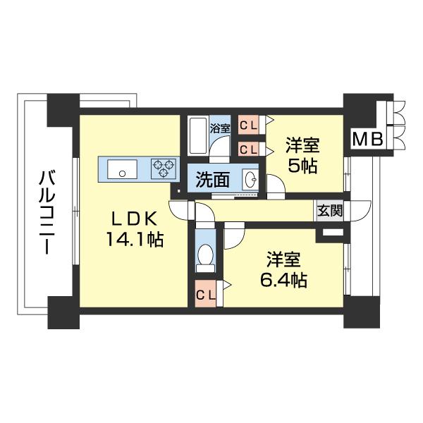 グランノーブル和歌山駅東(2LDK/4階)の間取り写真