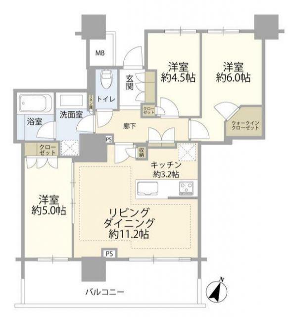 リーフィアタワー海老名アクロスコート(3LDK/5階)の間取り写真