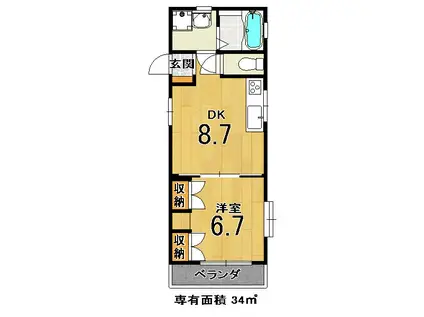 コットンハウスII(1DK/2階)の間取り写真