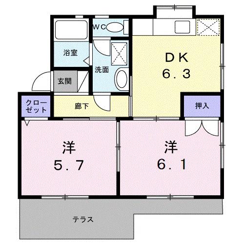 フレスコルヤマモト(2DK/1階)の間取り写真
