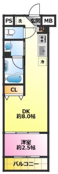 リルシア武蔵中原(1DK/2階)の間取り写真