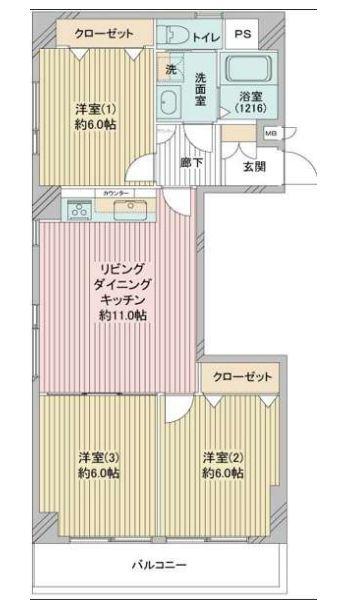 ニューハウス浜町(3LDK/4階)の間取り写真