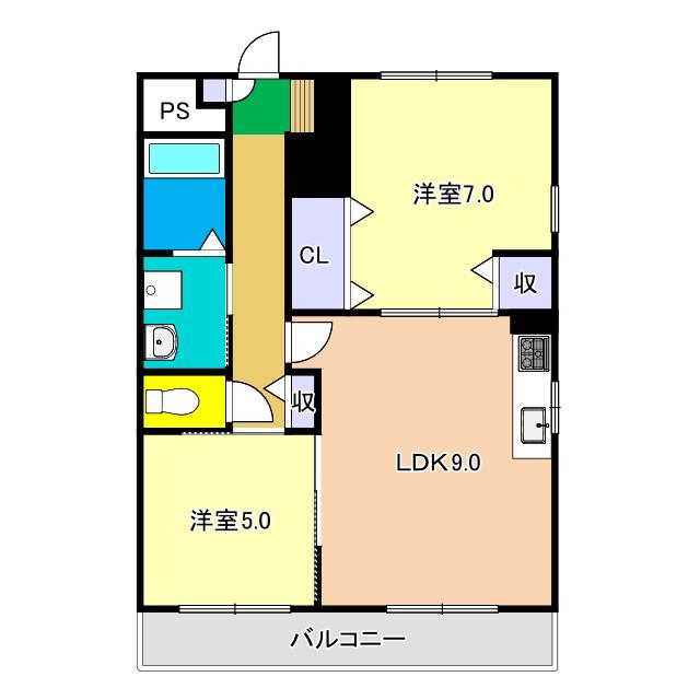 ハイツKURA B棟(2DK/3階)の間取り写真