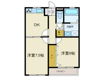 ソレアード長町東(2DK/1階)の間取り写真