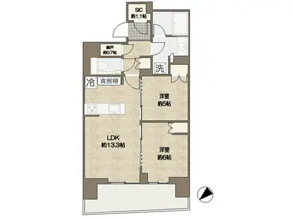 HARUMI FLAG SUN VILLAGE B棟晴海フラッグサン(2SLDK/11階)の間取り写真