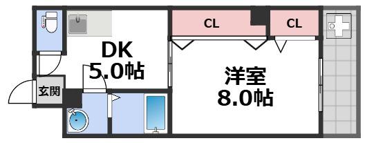 ドミール新深江(1DK/8階)の間取り写真