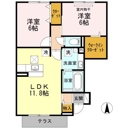 ヴィラージュ B棟(2LDK/1階)の間取り写真