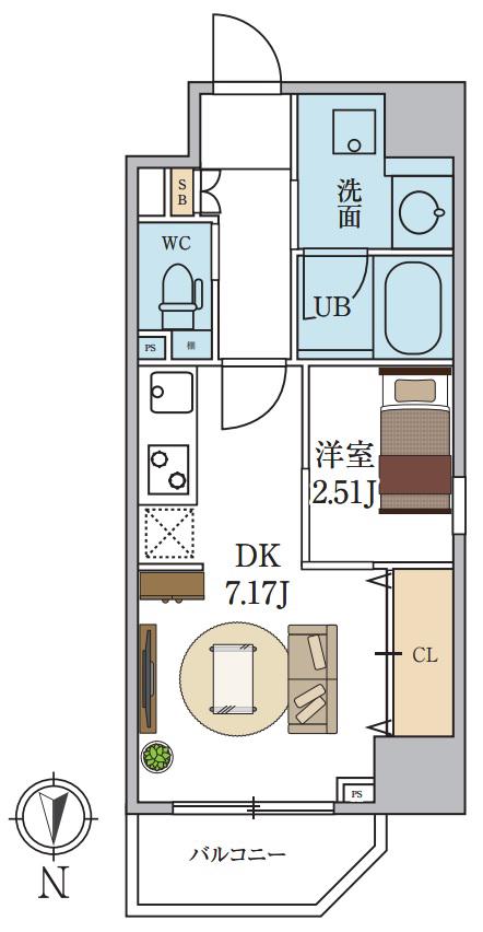 シーズンフラッツ新町(1DK/5階)の間取り写真