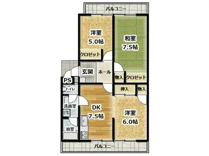 ルミウス八町西(3DK/1階)の間取り写真