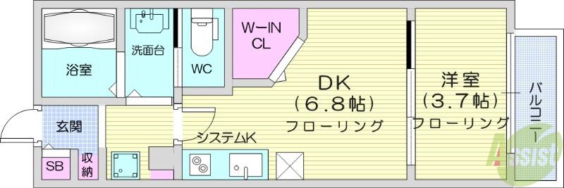 シェルグランデ鉄砲町東(1DK/9階)の間取り写真