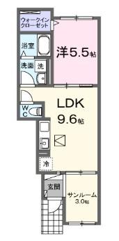 ヒカルサ加古川陵南(1LDK/1階)の間取り写真