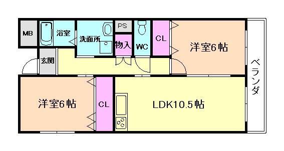 ロイヤルビル(2LDK/4階)の間取り写真