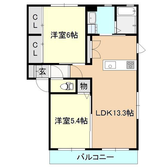 朝日ハウスB(2LDK/2階)の間取り写真