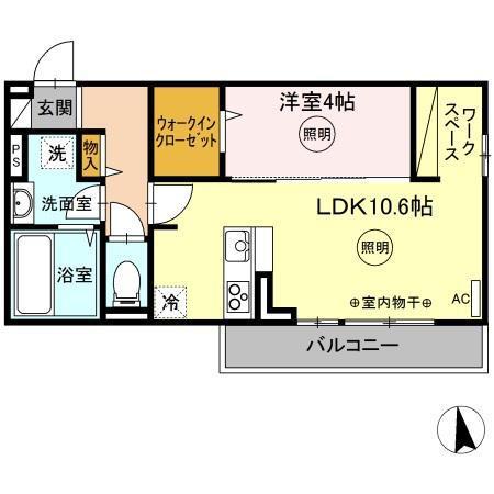 ユニヴェールF棟(1LDK/2階)の間取り写真